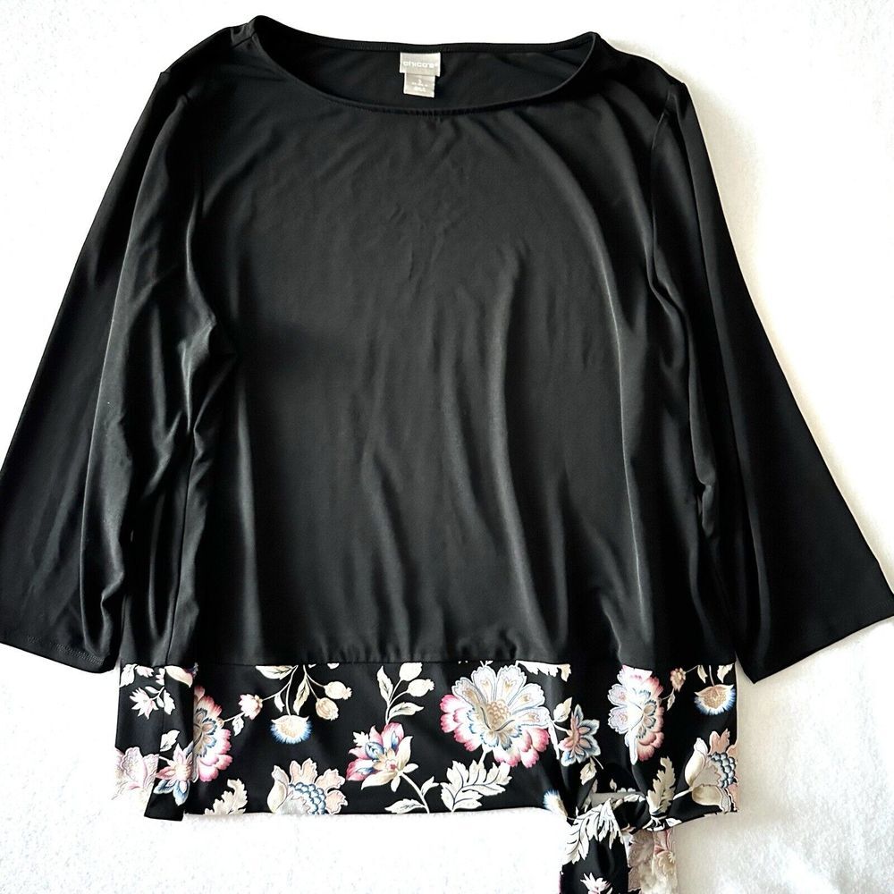 Chico's‎ Top Sz 3 XL Black Floral Hem Tie Knot Stretch 3/4 Sleeve Career
